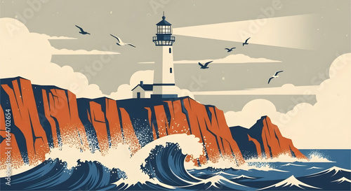 Dramatic coastal scene with a tall lighthouse on rugged cliffs, waves crashing, and seagulls flying under a serene sky offering a sense of maritime beauty and navigational guidance