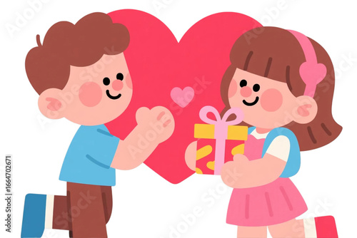 Cute cartoon couple exchanging Valentine’s gifts.
