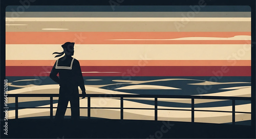 Nautical Watch: A Sailor's Silhouette Gazing at the Harmonious Horizon from the Ship Deck Reflecting Longing and Adventure Creating a Serene and Contemplative Marine Scene