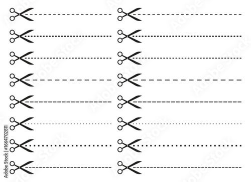 Multiple pairs of scissors are placed at the ends of rows of horizontal dashed and dotted cut lines, providing visual guides for crafting and creative projects.