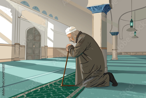 Elderly Muslim man praying, cane nearby, flat illustration.