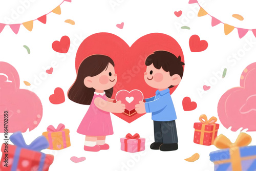 Cute cartoon couple exchanging Valentine’s gifts.