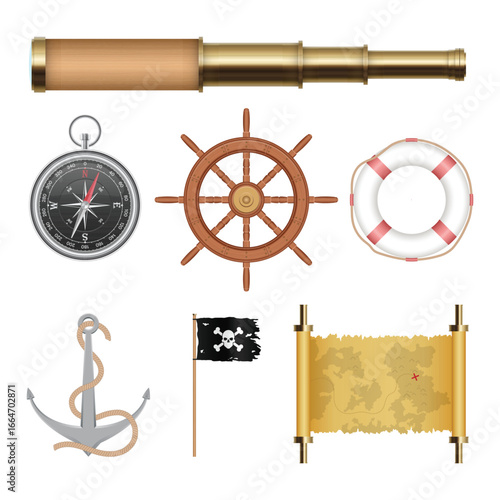 A collection of nautical-themed items, including a telescope, compass, ship wheel, life preserver, anchor, pirate flag, and treasure map, all set against a white background.