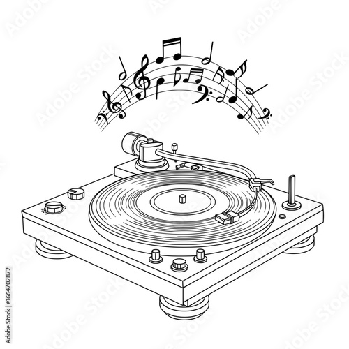 Vintage vinyl record player turntable sketch illustration with music notes