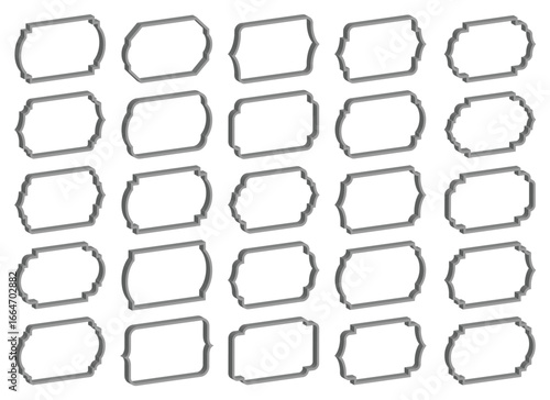 A symmetrical arrangement of varied frame shapes in grayscale. Each frame possesses unique curves and lines. Frames designed for decorative purposes in a grid layout.