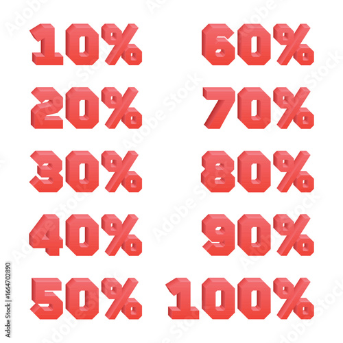 A clean, graphic arrangement displays red block-letter percentages, from 10% to 100%. The values are uniformly designed, creating a sense of clear discounts and promotions.
