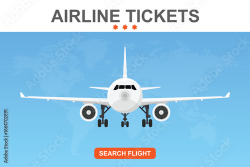 An airplane in flight is centered against a world map backdrop, inviting viewers to explore flight options using the interface. Travel made easy.
