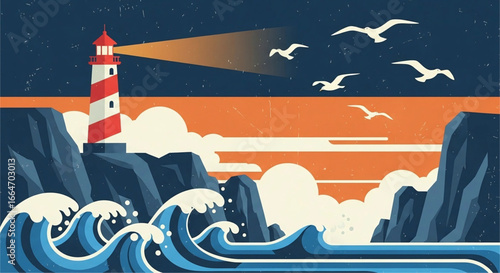 Nautical Scene Featuring a Beacon Lighthouse on the Rocky Coastline with Rolling Waves and Seagulls in the Evening Sky Landscape Depiction