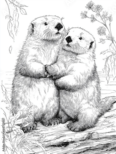 Two cute otters holding hands realistic coloring page
