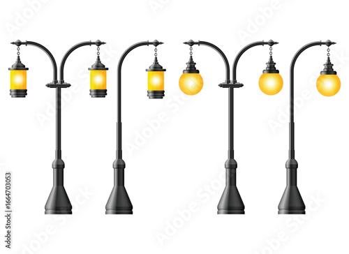This image depicts a line of vintage streetlamps. Each lamp has a black pole with an ornate design and glowing bulbs, set against a plain white background.