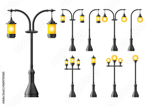 An array of antique streetlight designs, showcasing different pole styles and lamp configurations, all in a detailed, isolated composition against a stark background.