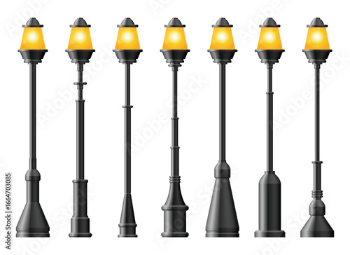 A collection of six detailed streetlights.  Each features varying designs, unified by dark poles and glowing lamps, set against a plain white background.