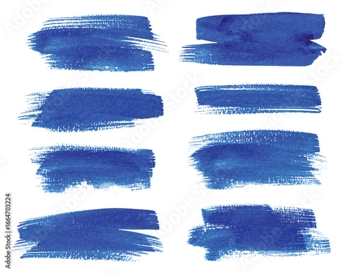 A collection of eight horizontal blue watercolor paint brush strokes in varying textures and shades on a stark white background creating dynamic abstract elements.