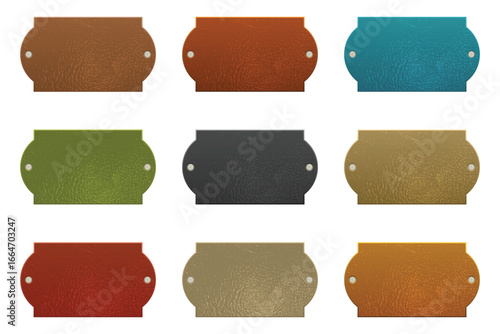 Nine colorful simulated leather nameplates are neatly arranged.  Each has rounded edges and circular rivets on each side, contrasting against a white background.  