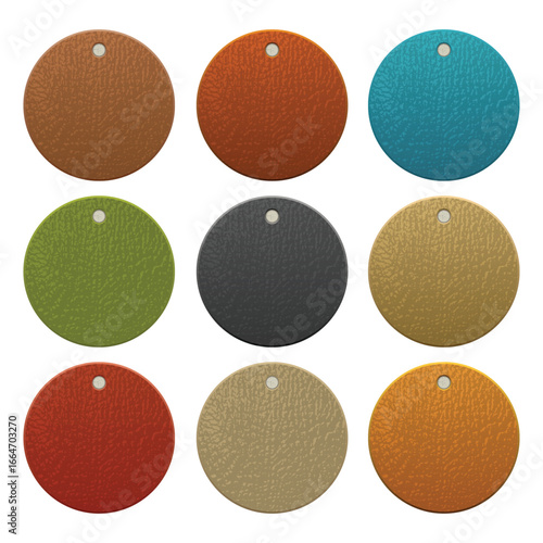 A collection of nine round textured tags, each a different color, displayed in a 3x3 grid on a clean white background, creating a visual array of textures and hues.
