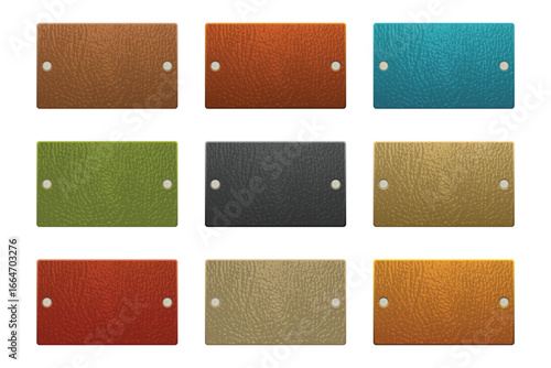 A collection of nine textured rectangular swatches in various colors, each featuring two silver rivets. Arranged in a neat 3x3 grid, against a clean, white backdrop.