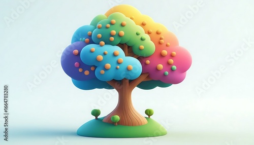 A whimsical cartoon tree with vibrant rainbow foliage and a textured trunk on a green hill