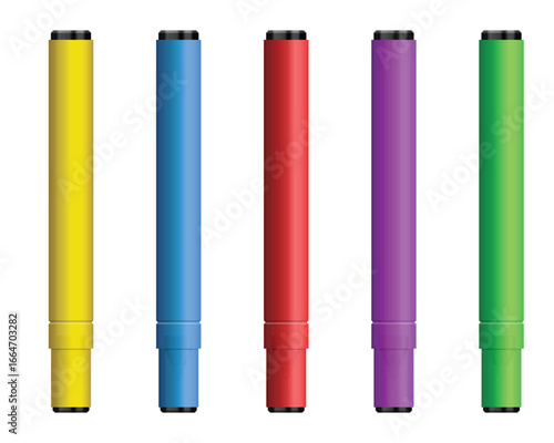 A neat arrangement of five markers, each showcasing a distinct color: yellow, blue, red, purple, and green. Positioned vertically against a stark white background.