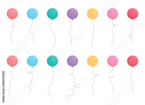 This illustration features twelve vibrant balloons in an array of colors including pink, blue, purple, yellow, and teal. Each balloon is on a string against white background.