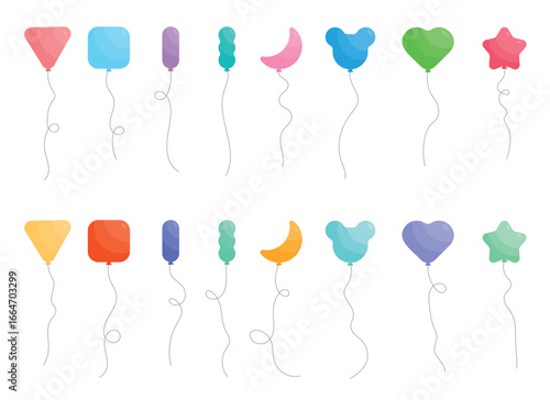 This image features a collection of whimsically shaped balloons in various colors. They include triangles, squares, cylinders, moons, hearts, bears, and stars, all floating with strings.