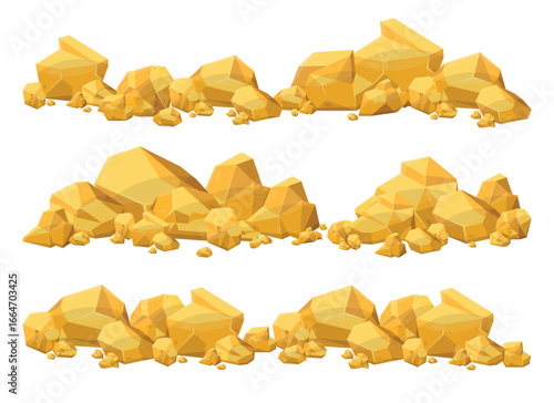 Three lines of golden rocks are scattered across the scene. The rocks are polygon shaped and piled against a solid white background, with different sizes and shapes.