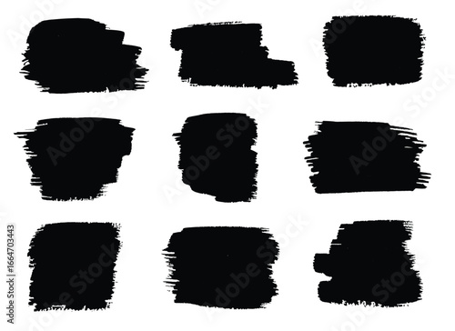 The image displays nine bold black brush strokes, each varying in shape and texture, set against a stark white backdrop. The strokes appear raw and spontaneous, emphasizing the materiality of paint.