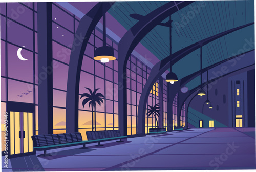 Empty terminal hall at midnight with a single glowing lamp.