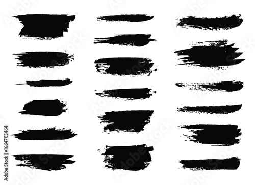 This image displays a variety of black ink brush strokes scattered against a stark white backdrop, exhibiting different textures and shapes, creating a contrast with the background.