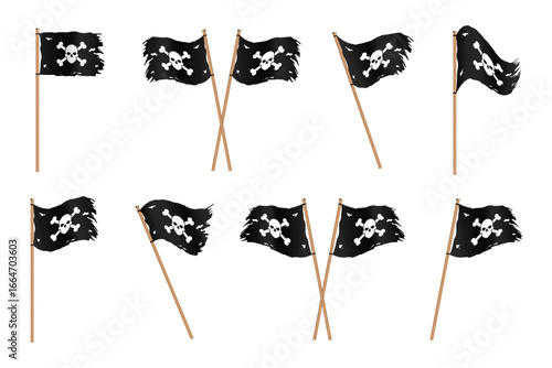 An array of pirate flags are displayed against a white backdrop. The flags have varying degrees of tattering and each features a skull and crossbones design.