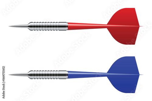 Two darts, one with a red flight and the other with a blue flight, are set against a white backdrop. The darts are precisely engineered, designed for pinpoint accuracy.