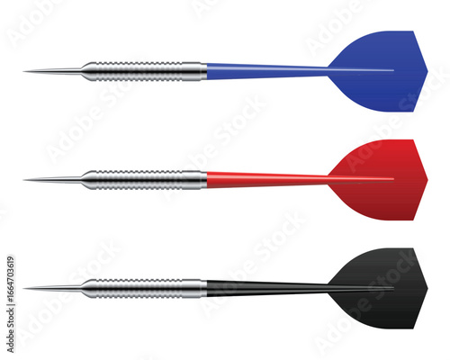 A high-angle, full shot features three darts in a row. Each has a silver barrel, but their flights are blue, red, and black, creating a simple and clean design.