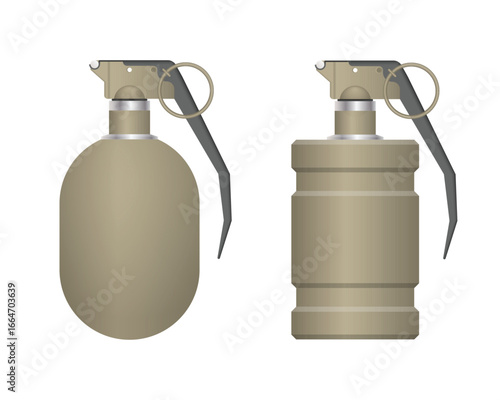 Two grenades are displayed on a white background. The grenades are olive-colored. One has a smooth, rounded body, while the other has a cylindrical, segmented shape. Both appear primed.