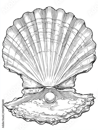 Pearl inside detailed open seashell illustration, black and white ocean-themed drawing
