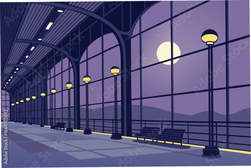 Empty terminal hall at midnight with a glowing lamp.