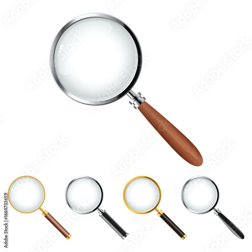 A set of four magnifying glasses presented against a white backdrop. Each one features a different handle material and frame finish, like gold or silver for design variety.