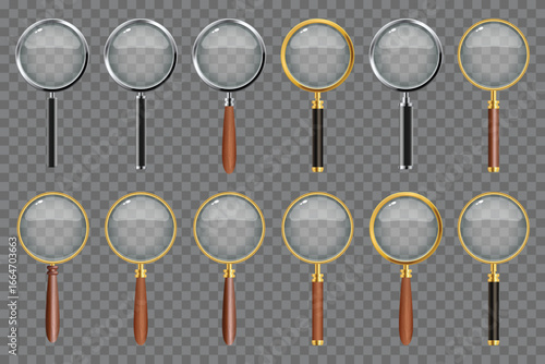 A collection of magnifying glasses with varied metallic frames, black and brown handles, each showing clear lenses arranged against a grey checkered background, for examination.