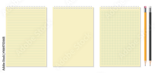 Three cream-colored notepads are shown, a lined, blank, and grid paper with two pencils on the right side, set against a white backdrop in a product shot.