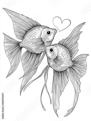Romantic angelfish illustration with heart, black and white drawing
