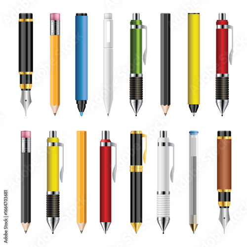 This image features an assortment of writing and drawing tools, including pens and pencils, showcasing their varied colors, styles, and designs perfect for artists or students.