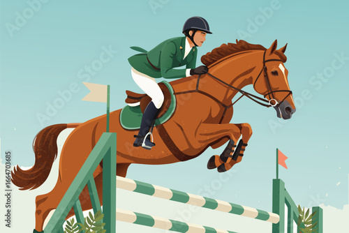 Equestrian show jumping rider and horse soaring mid-air.