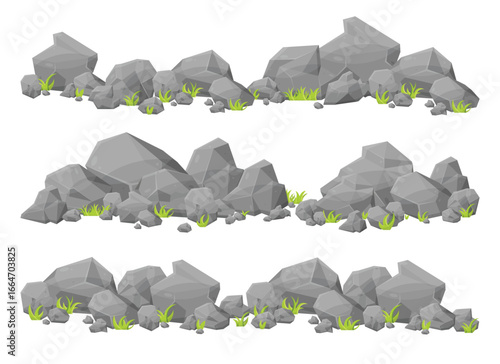 The image showcases rock formations of various sizes in shades of gray, complemented by small patches of green grass, all set against a clean white background. 