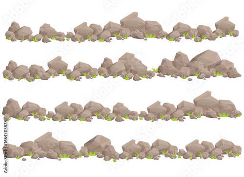 This illustration features four rows of cartoon rocks and stones, with tufts of grass growing between them.  The rocks are shaded in a neutral, gray-brown tone.