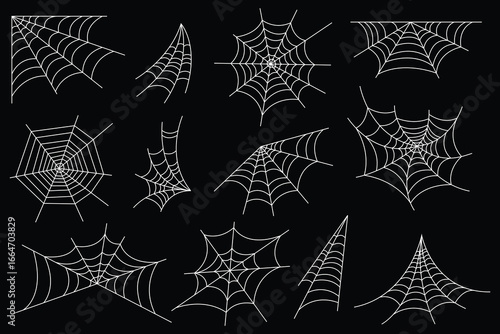 A collection of vector spiderwebs, depicted in white lines against a stark black background. The spiderwebs vary in shape and size, creating a diverse collection. 