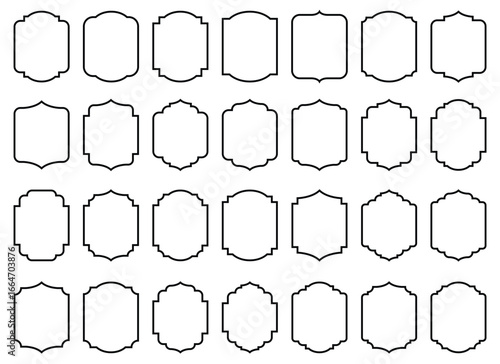 An array of thirty decorative frames with distinct outlines are meticulously arranged on a white canvas. Each frame exhibits a unique curved or notched design.