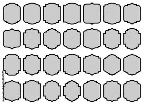A set of thirty unique frame shapes with black outlines, each filled with gray. The array of designs have different curvature styles and distinctive edge flourishes.