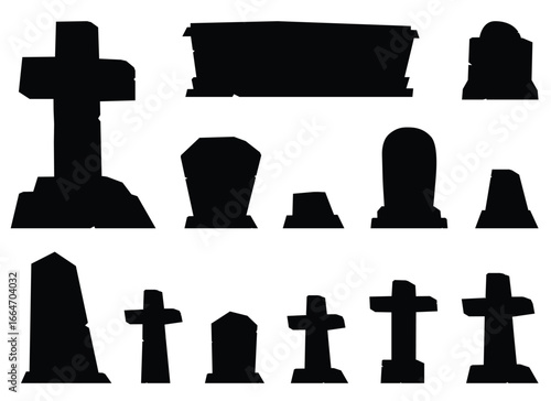 Silhouette graveyard of different shaped tombstones and grave markers for remembrance of the dead. Set against a white backdrop, the stark contrast emphasizes their forms.