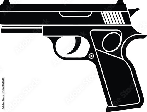 Illustration of a black handgun, a lethal weapon used in law enforcement, military, and selfdefense, symbolizing power and control