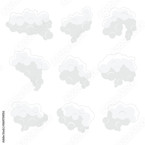 Nine stylized cloud illustrations are displayed against a pristine white background. Each cloud boasts a distinct shape and form, resembling fluffy cotton or vaporous formations.