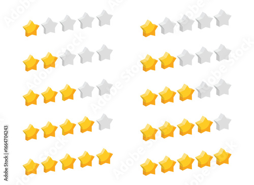 Rows of stylized stars against a white backdrop depict customer feedback levels. From one star to five stars are shown, with gold representing positive scores.