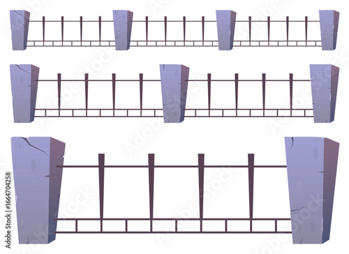 A cartoonish image displays sections of a gray stone and metal fence. The fence is depicted with stylized posts and dark bars. The fence segments are isolated on a white background.